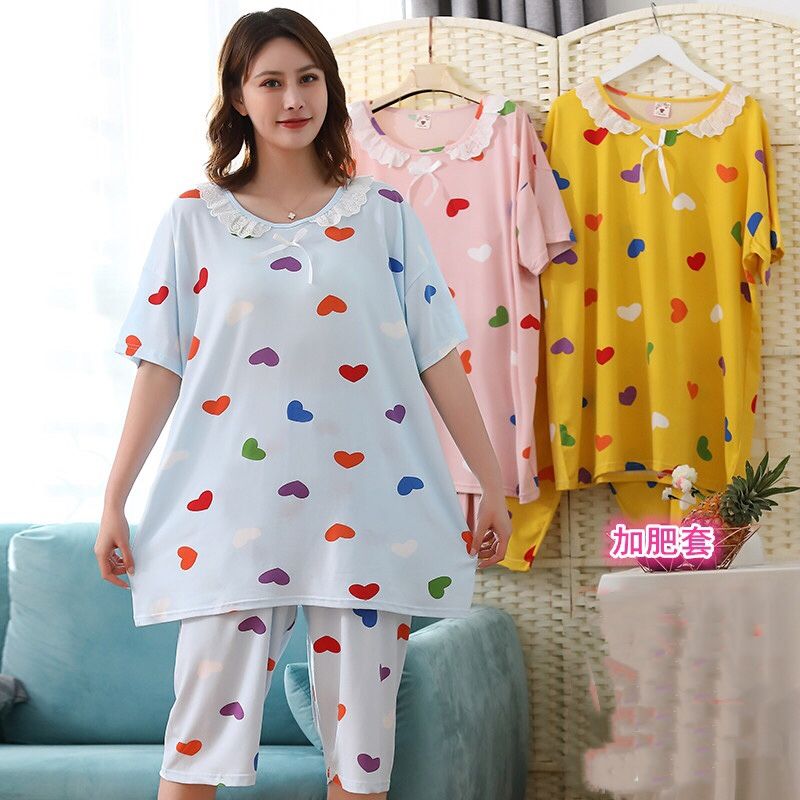 Printed thin plus size pajamas women summer peach heart short sleeves thumbnail