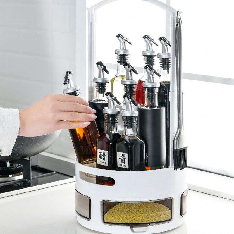 A double-layer storage tray for oil, salt, soy sauce and vinegar bottles, specially designed at the corner of the countertop with a rotatable kitchen seasoning rack details Picture