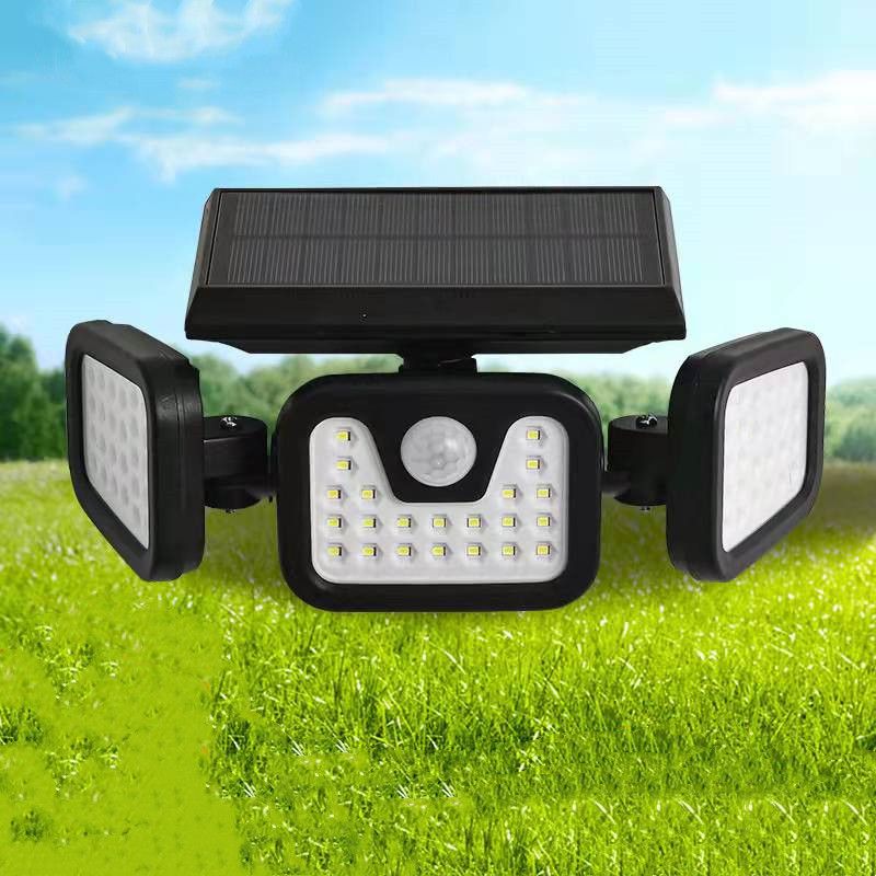 Solar outdoor garden lamp, three-head rotatable multi-angle outdoor waterproof 74LED human body sensor wall lamp Item Picture