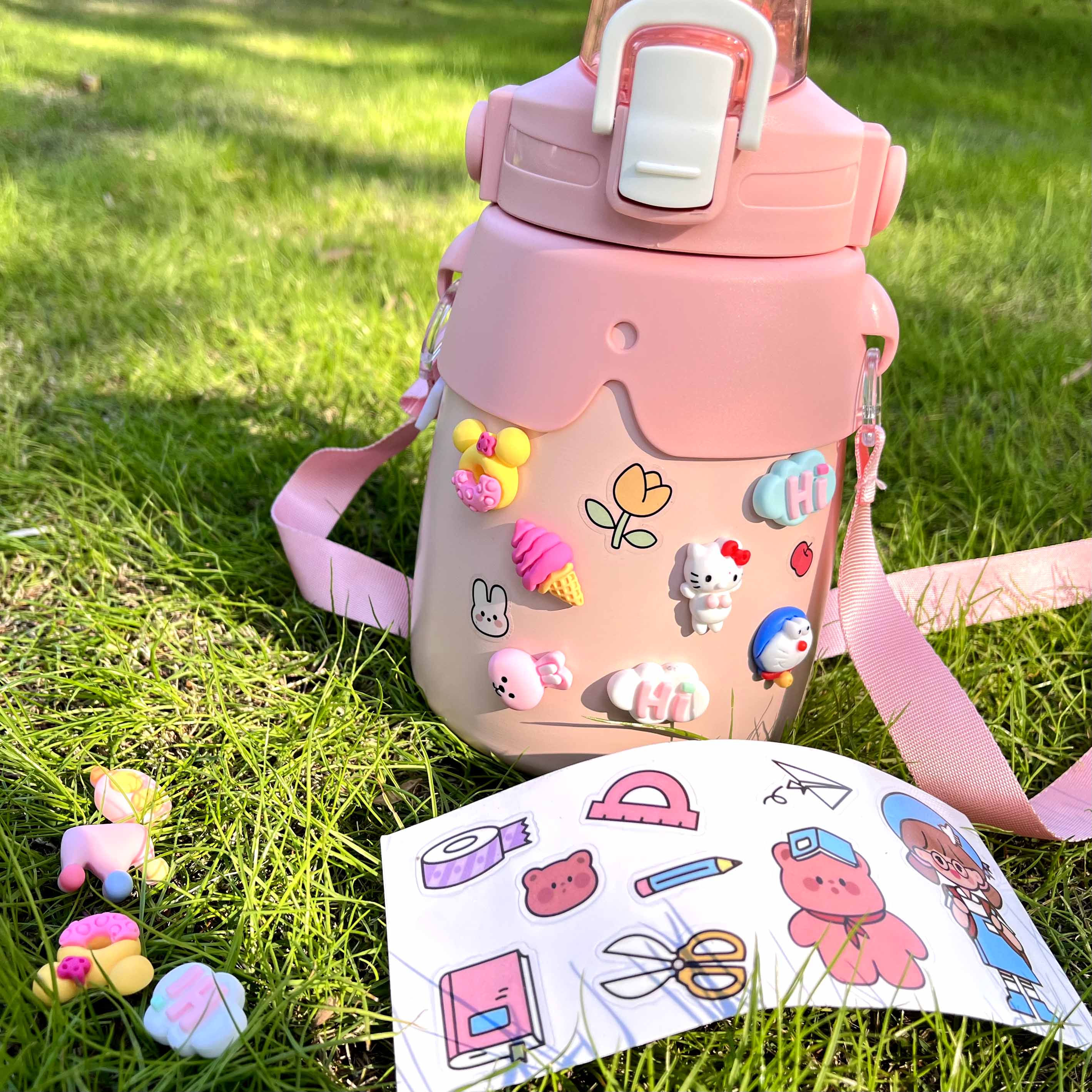 Cartoon sticker 3D shoulder strap, large-belted cup, insulated cup, 316 stainless steel children's straw, large-capacity gift water bottle Application Scenario