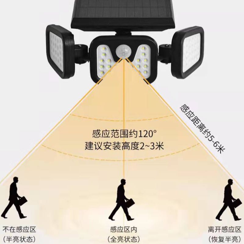 Solar outdoor garden lamp, three-head rotatable multi-angle outdoor waterproof 74LED human body sensor wall lamp pic 5