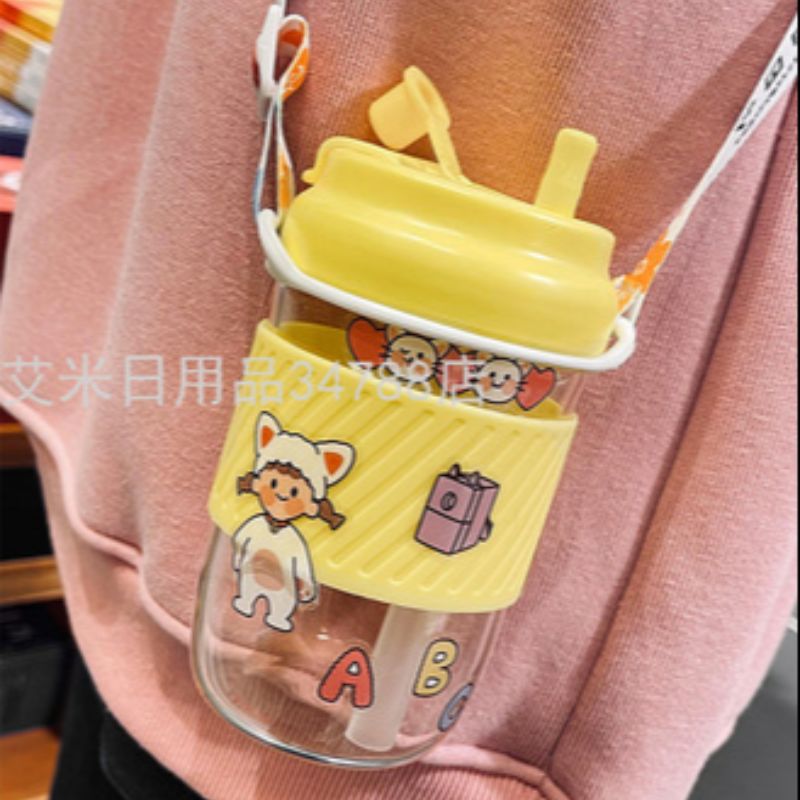 新款水杯带吸管玻璃杯办公室简约可爱便携日韩版双饮口咖啡杯子YZ