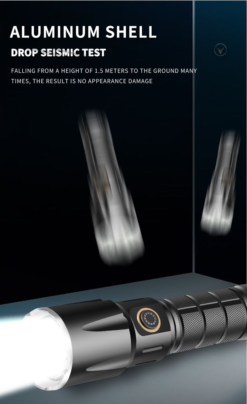 跨境新款XHP50铝合金光杯定焦强光手电筒 Type-c充电攻击头手电筒详情11