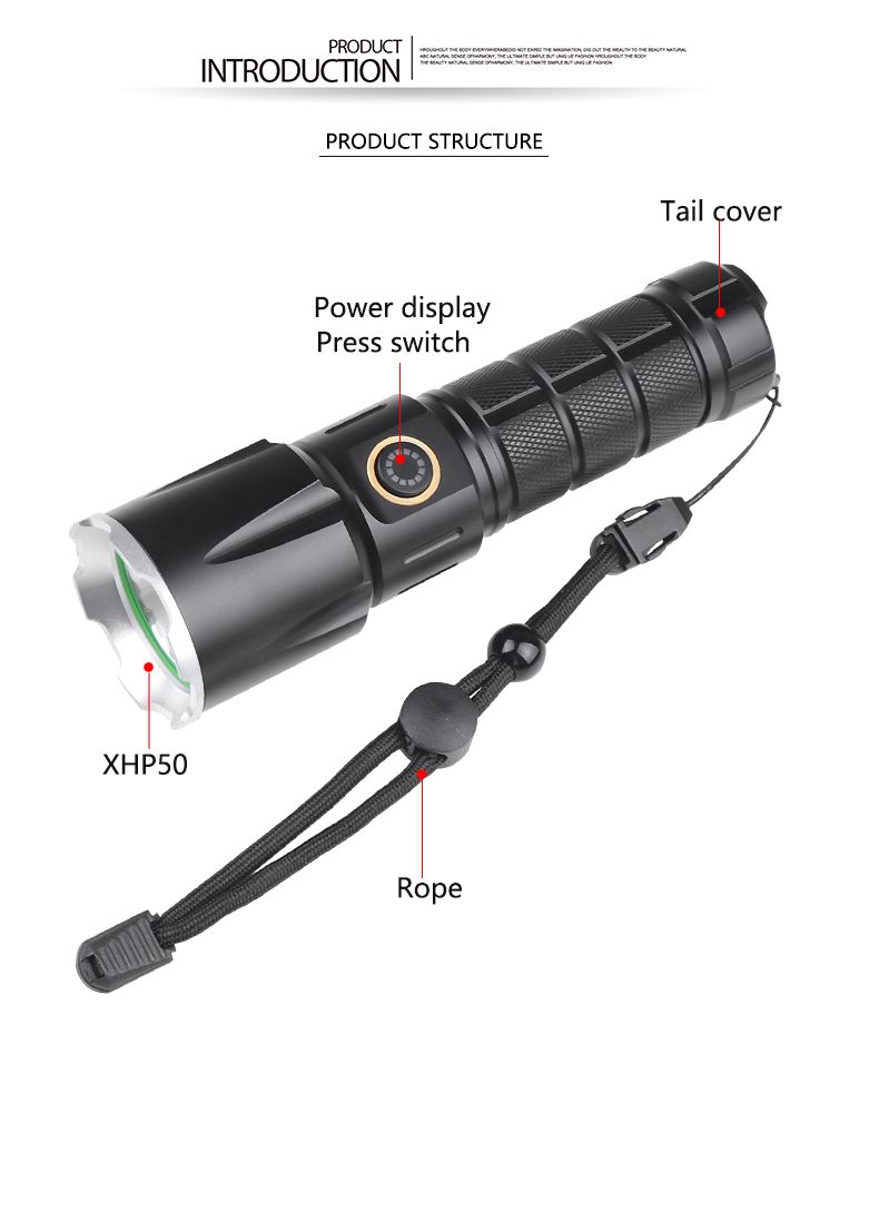 跨境新款XHP50铝合金光杯定焦强光手电筒 Type-c充电攻击头手电筒详情4