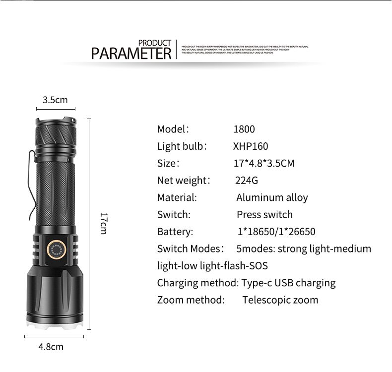 跨境新款XHP160强光战术手电筒TYPE-C充电铝合金变焦强光手电筒详情3