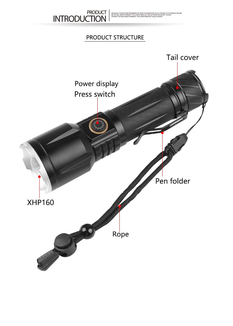 跨境新款XHP160强光战术手电筒TYPE-C充电铝合金变焦强光手电筒详情4