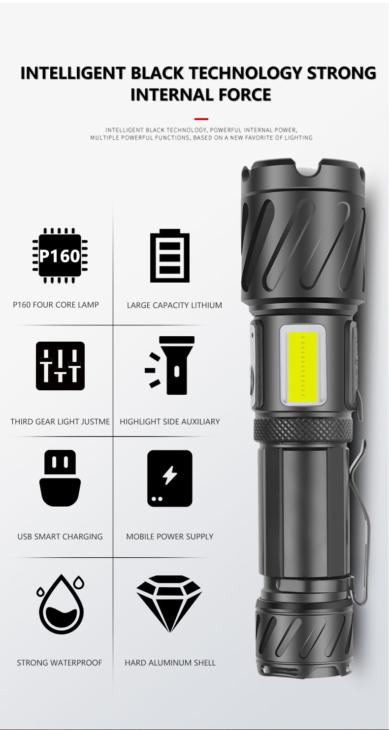 新款XHP160+COB红白光强光手电筒 Type-c充电变焦XHP99暖光手电筒详情15