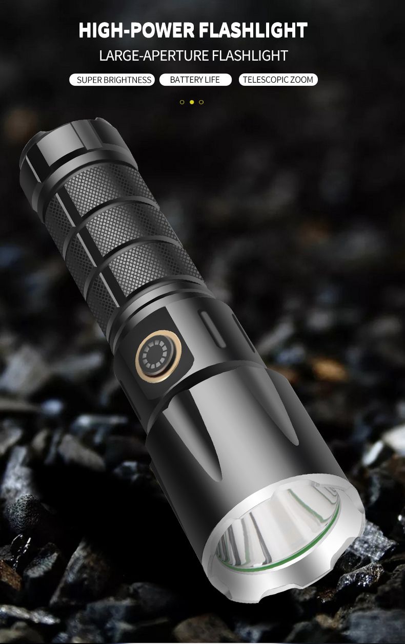 跨境新款XHP50铝合金光杯定焦强光手电筒 Type-c充电攻击头手电筒详情9