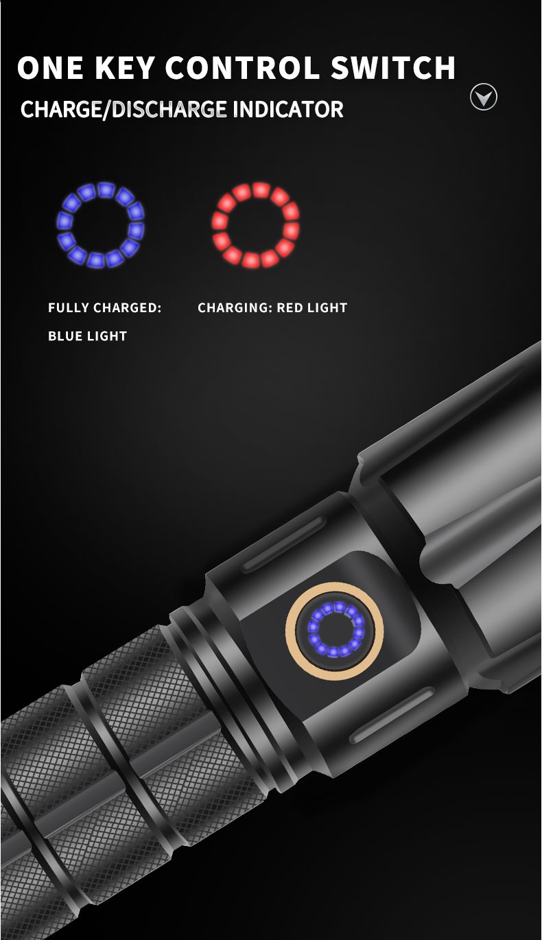 跨境新款XHP50铝合金光杯定焦强光手电筒 Type-c充电攻击头手电筒详情5