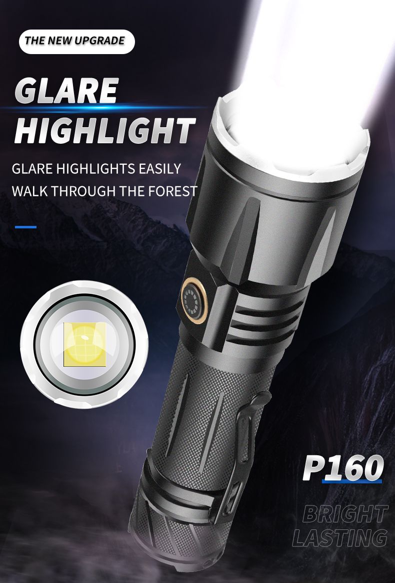 跨境新款XHP160强光战术手电筒TYPE-C充电铝合金变焦强光手电筒详情18