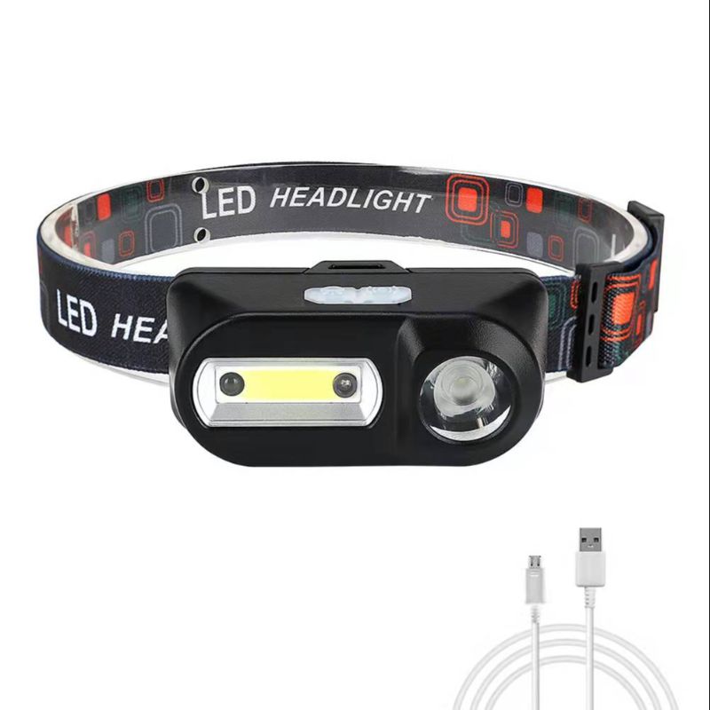 High-intensity LED sensor headlamp, dual light source, USB charging, outdoor camping lamp, mini plastic headlamp details Picture