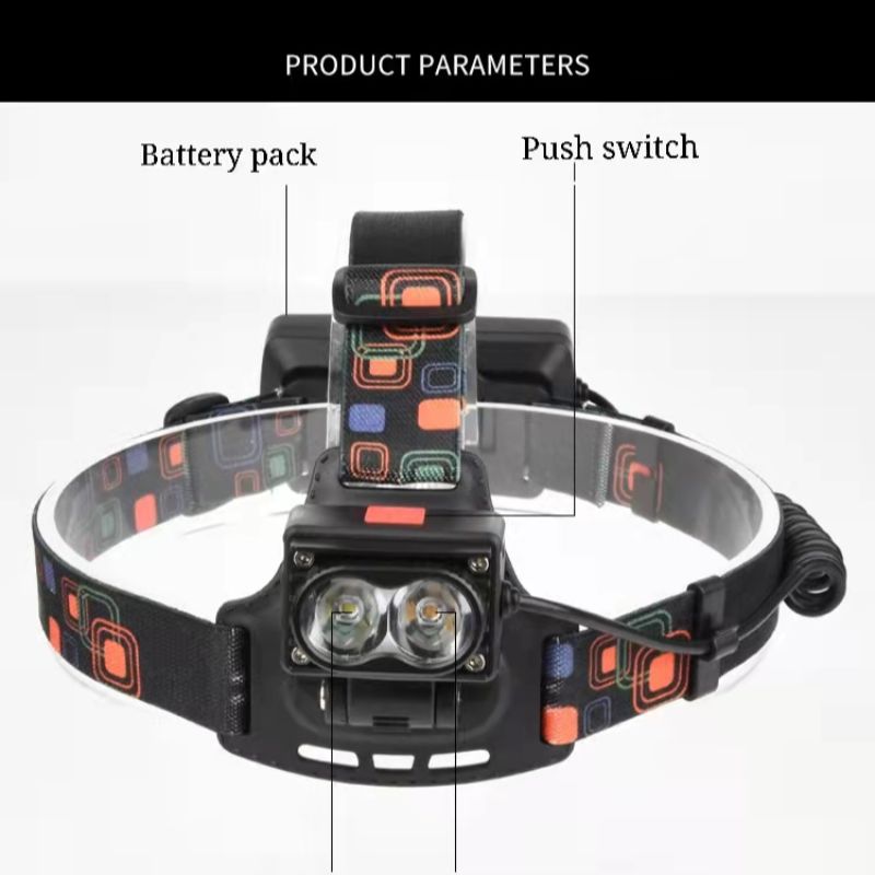 Cross-border new 2T6 white and yellow dual-source strong headlamp, outdoor ultra-bright LED headlamp, charging head-mounted flashlight Specification image