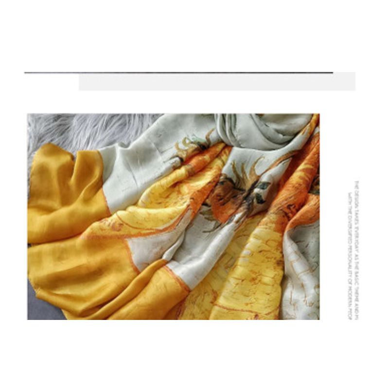 Ladies suntan silk satin long towel sunflower scarf thumbnail