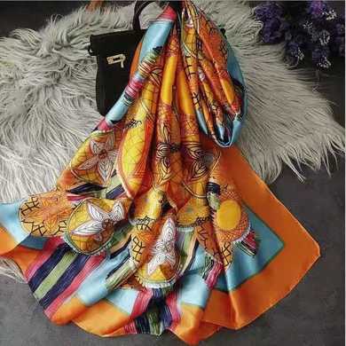 New silk satin scarf women's long fashion color flowers beautiful skin white shawl scarf thumbnail