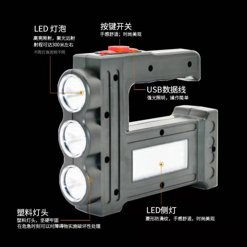 New LED portable light, multi-functional USB charging long-range searchlight, battery level display, red light warning flashlight pic 8