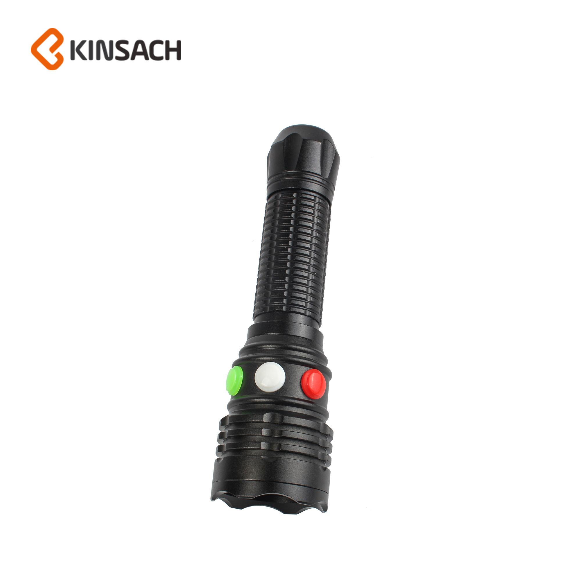 Red, green and white three-color high-light long-range outdoor flashlight tail magnet design flashlight full figure