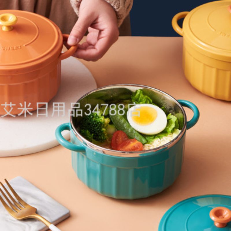 6022日式带盖纯色泡面碗不锈钢学生寝室带饭双层隔热碗带盖泡面碗