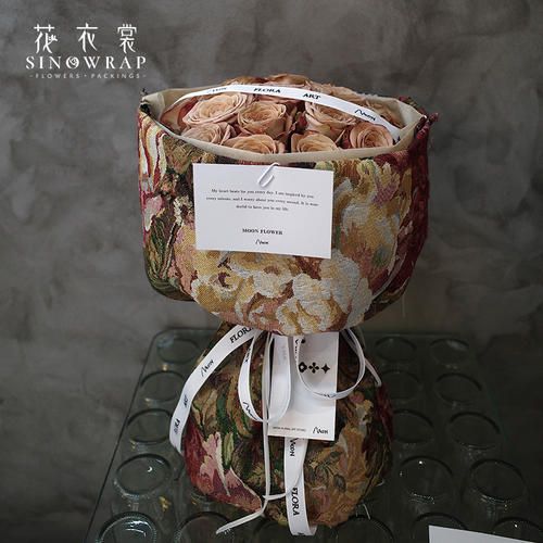 Flower dress fabric, retro oil painting fabric wrapping paper, round flower bouquets, diy art fresh flower wrapping paper, materials for flower shops details Picture