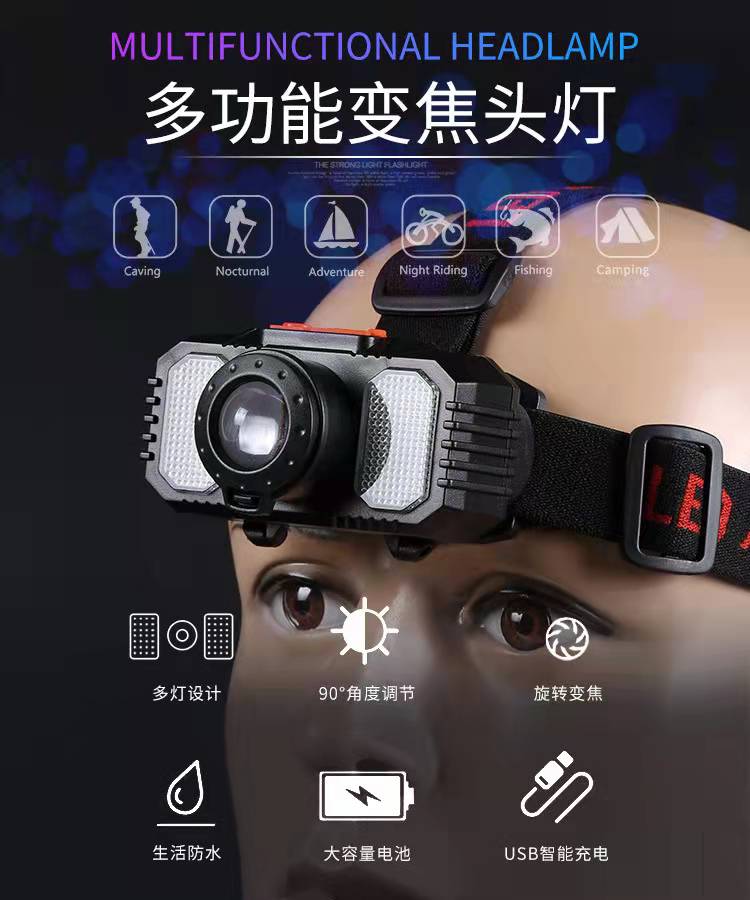 New zoom LED strong bald head lamp, 18650 charging head-mounted flashlight, USB interface outdoor camping lamp Application Scenario