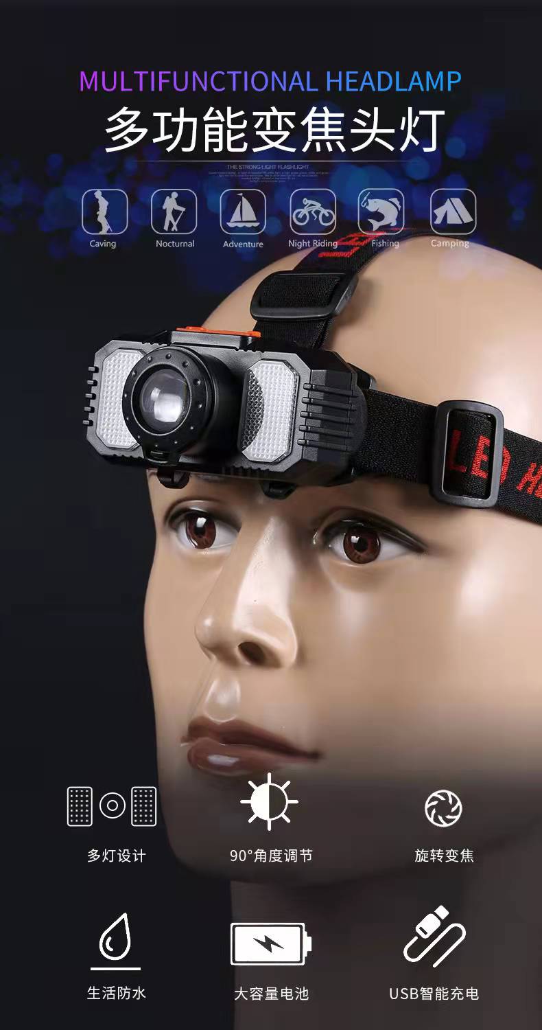 New zoom LED strong bald head lamp, 18650 charging head-mounted flashlight, USB interface outdoor camping lamp pic 2