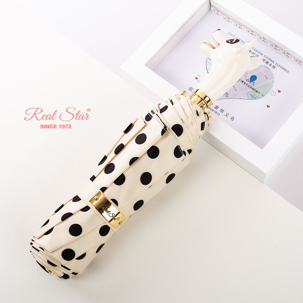 Yiwu Good Goods Xingbao Umbrella Industry R-396 high-end umbrella, painted spotted dog head handle, polka dot silk satin fabric details Picture