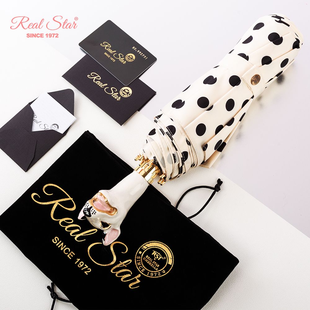Yiwu Good Goods Xingbao Umbrella Industry R-396 high-end umbrella, painted spotted dog head handle, polka dot silk satin fabric