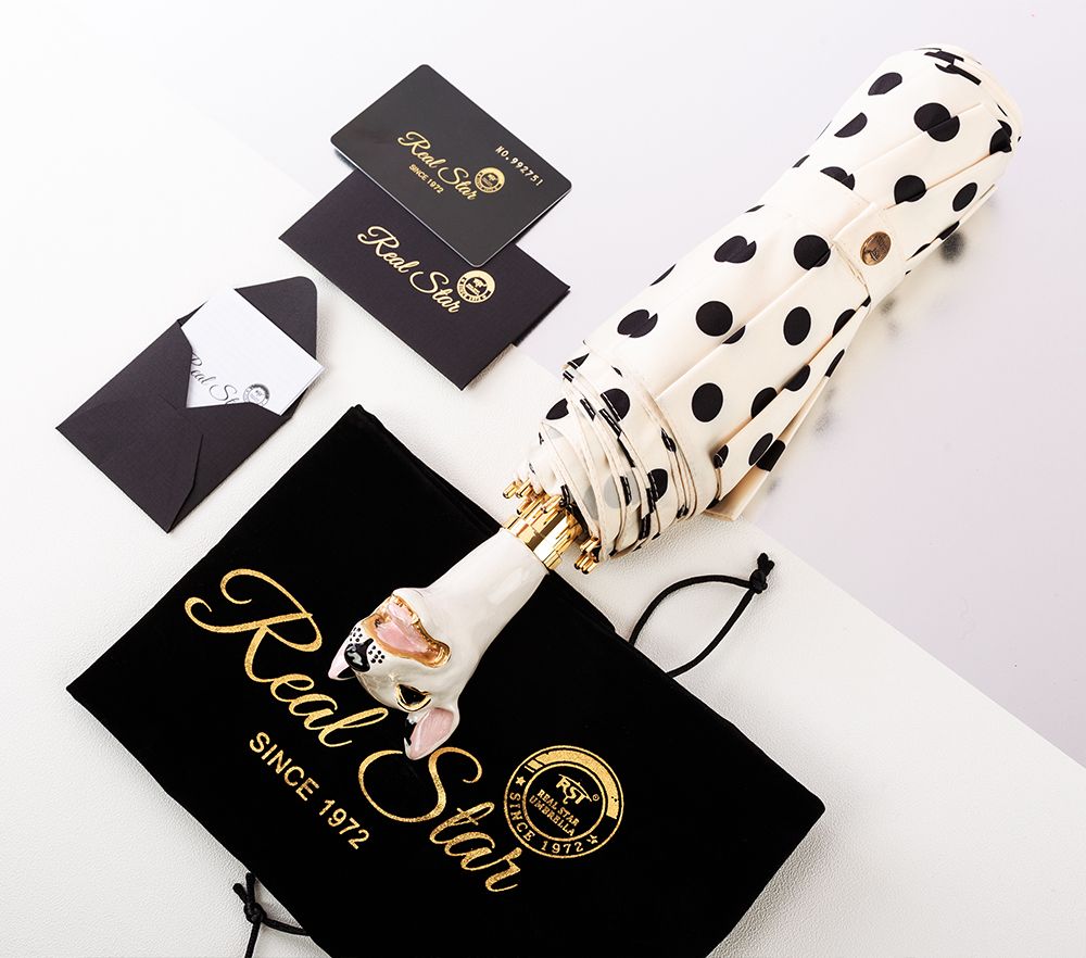Yiwu Good Goods Xingbao Umbrella Industry R-396 high-end umbrella, painted spotted dog head handle, polka dot silk satin fabric pic 1