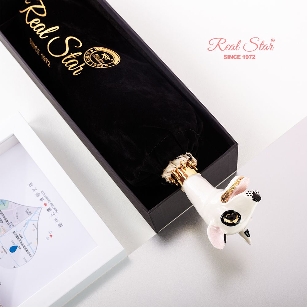 Yiwu Good Goods Xingbao Umbrella Industry R-396 high-end umbrella, painted spotted dog head handle, polka dot silk satin fabric Specification image
