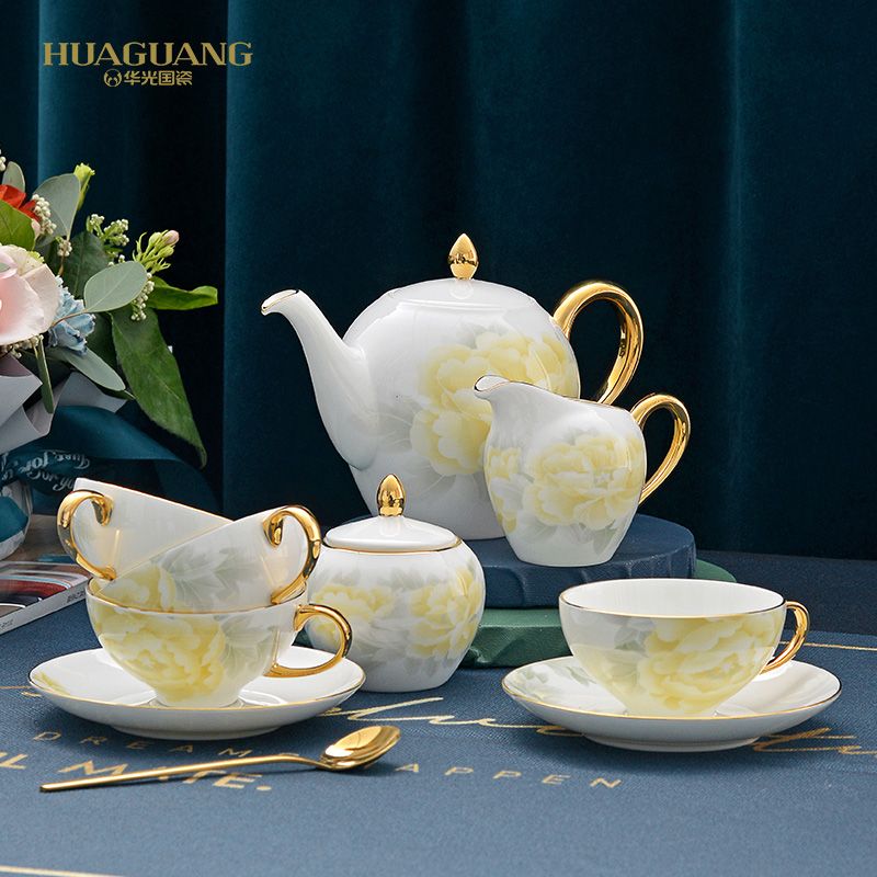 华光陶瓷 咖啡杯具套装 高档骨瓷美式欧式咖啡具 送礼 富贵花开轻奢品质茶具送礼必备佳品