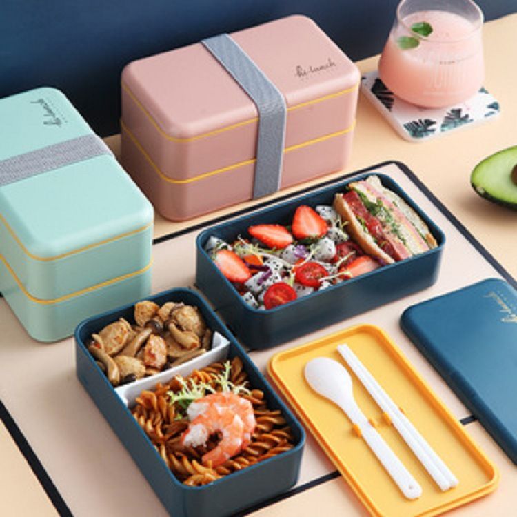 Bento box double-layer plastic lunch box with tableware student compartment with lunch box