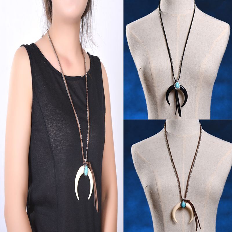 New Women Long Horn necklace Vintage Boho necklaceJewelry  chevron crescent  real stone pendant  Necklace & Suede fringed tassel thumbnail
