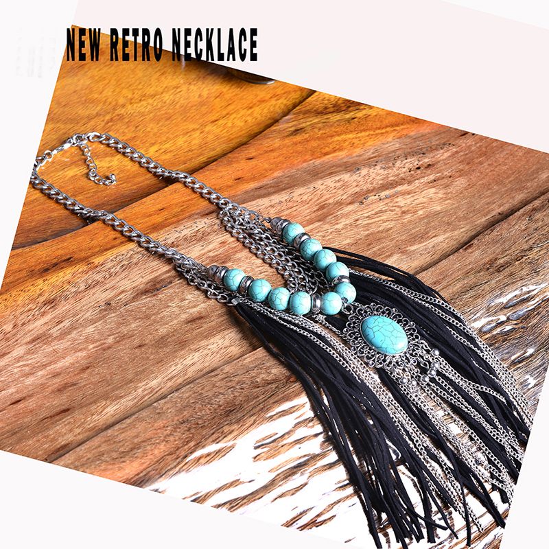 New Bohemian necklace jewelry western Boho vintage silver statement Neck Dramatic Suede Long Tassel Chain Resin Ethnic Necklace thumbnail