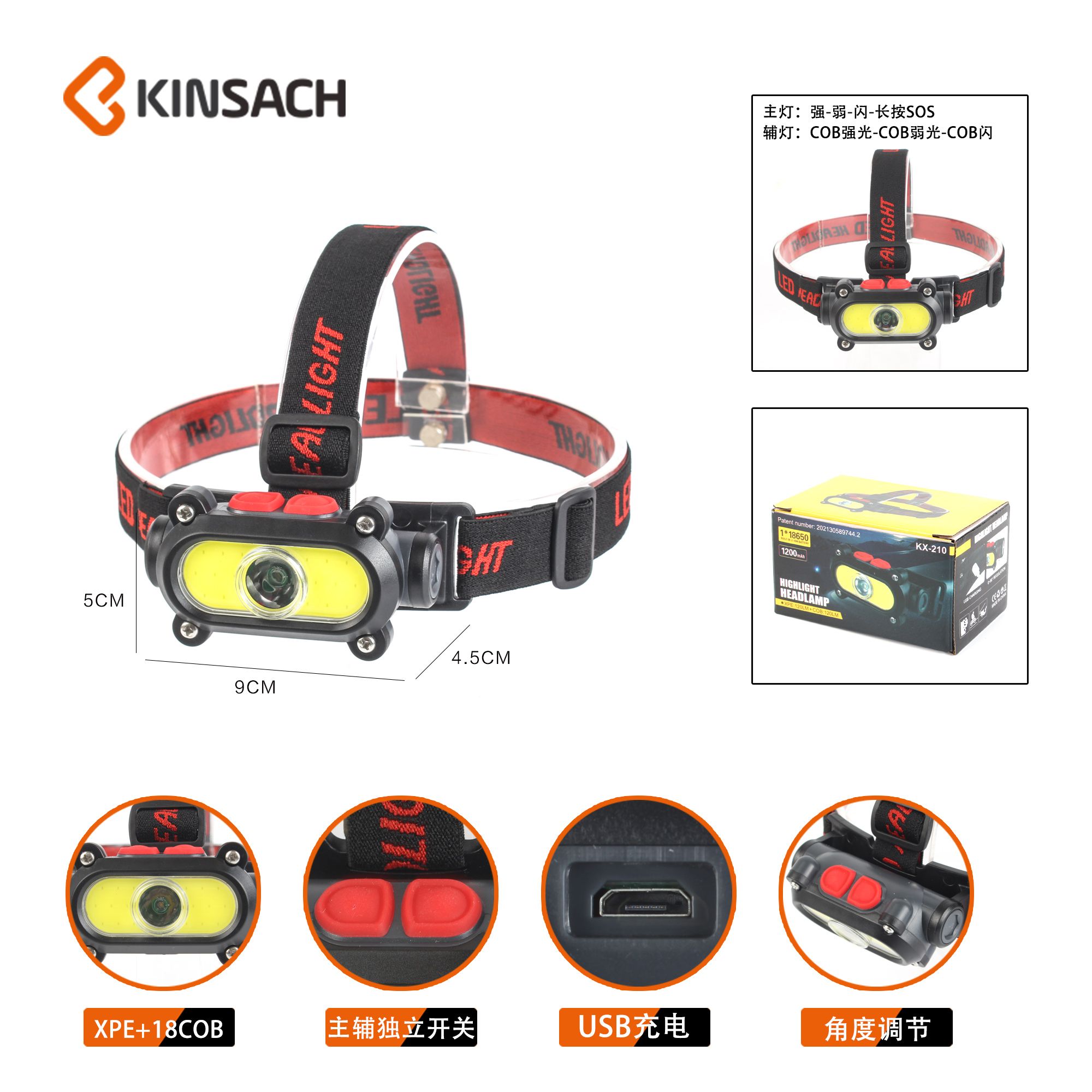 New cross-border LED headlamp COB strong light USB charging portable headlamp LED outdoor night riding, running and fishing lamp details Picture