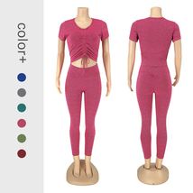 新款工厂批发菠萝格泡泡布短袖九分瑜伽裤套装健身房跑步运动服女