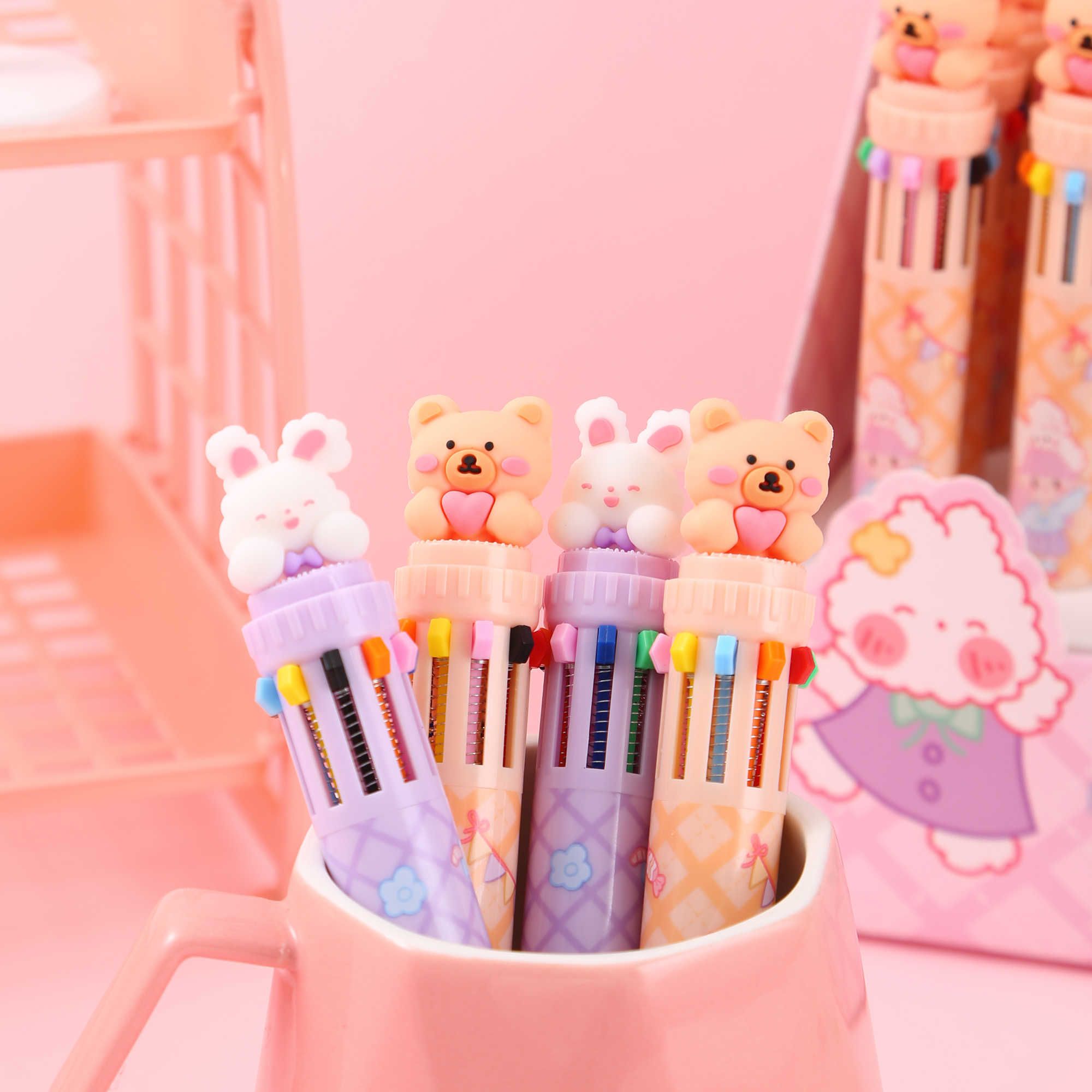 晨兮文具可爱十色圆珠笔卡通泰迪熊多色按动油笔学生多功能手账笔详情2