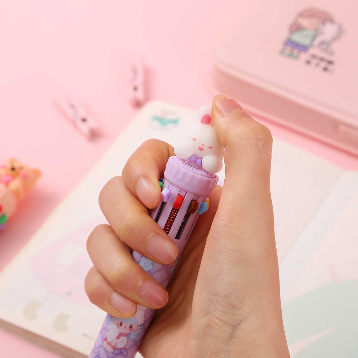 晨兮文具可爱十色圆珠笔卡通泰迪熊多色按动油笔学生多功能手账笔详情7