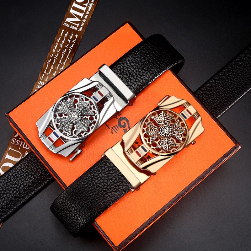 Leather Automatic Buckle Belt Men's Casual Lychee Grain Waistband All Match Business Rotary Buckle Belt Youth Application Scenario