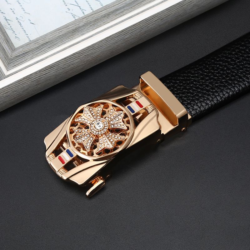 Leather Automatic Buckle Belt Men's Casual Lychee Grain Waistband All Match Business Rotary Buckle Belt Youth details Picture