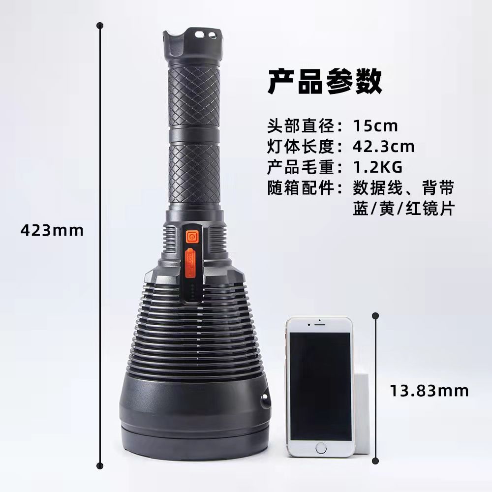 Cross-border high-power patrol USB rechargeable flashlight with red, yellow and blue lenses that can be replaced outdoor strong light searchlight portable lamp details Picture