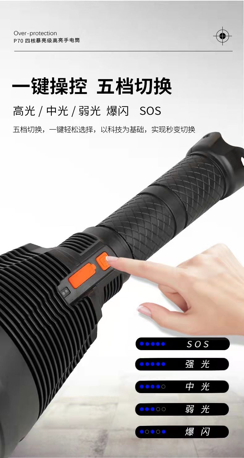 Cross-border high-power patrol USB rechargeable flashlight with red, yellow and blue lenses that can be replaced outdoor strong light searchlight portable lamp pic 2