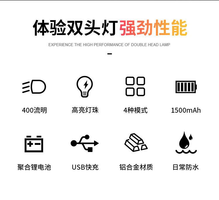 QL460-400LM铝合金双头前灯(短)usb充电自行车灯车前灯单车手电筒 详情3