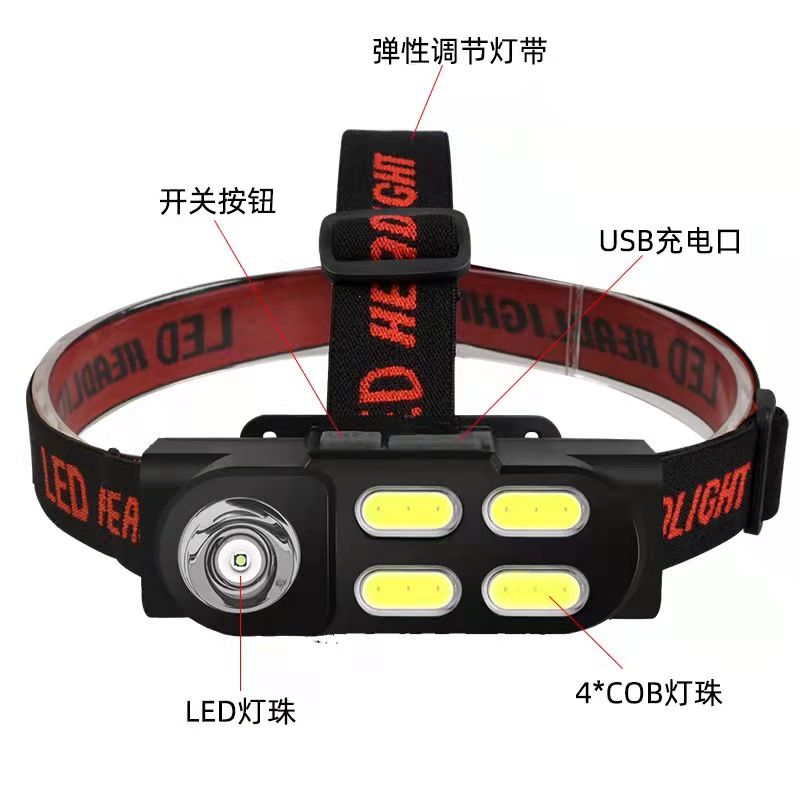  LED新款XPE+COB头灯 USB充电塑料LED强光头灯 户外露营钓鱼头灯