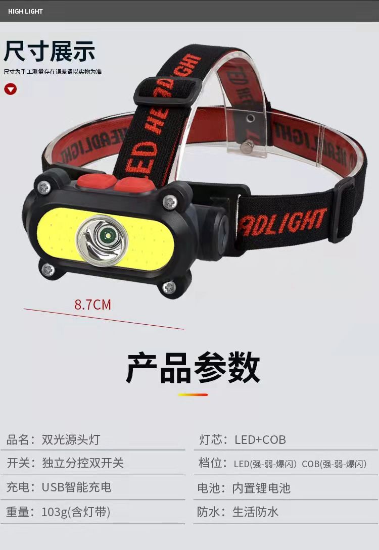 New COB headlamp dual-source rechargeable headlamp USB built-in battery strong headlamp for fishing and night fishing pic 2