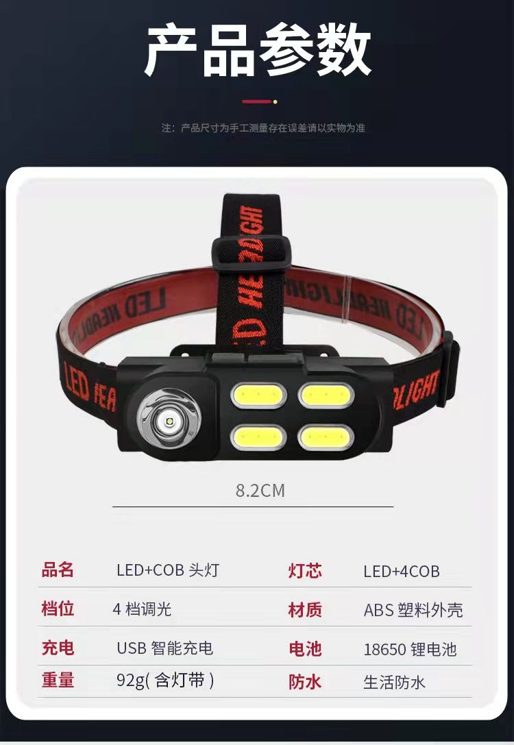  LED新款XPE+COB头灯 USB充电塑料LED强光头灯 户外露营钓鱼头灯详情9