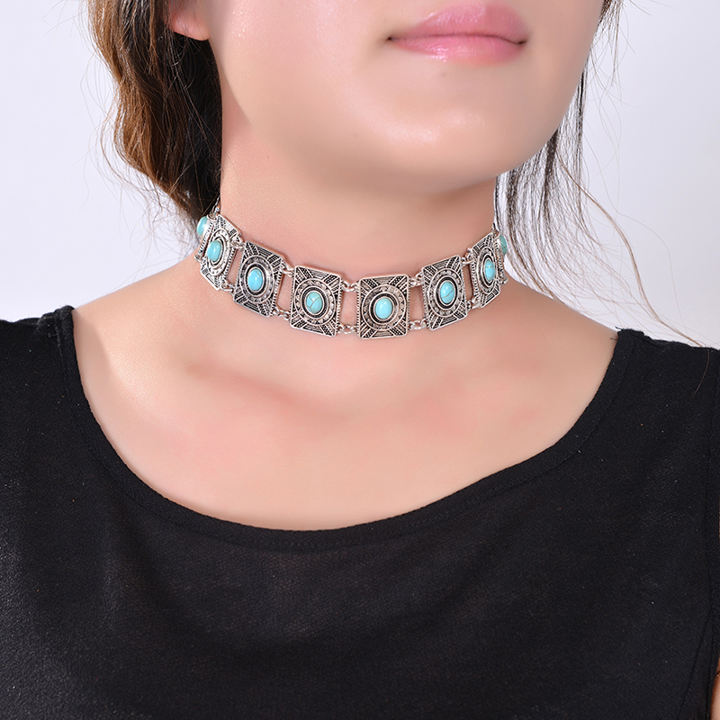 2022 New Fashion Boho Collar Choker Silver Necklace statement jewelry  Neckfor women Vintage EthnicBohemia stone Beads  neck thumbnail