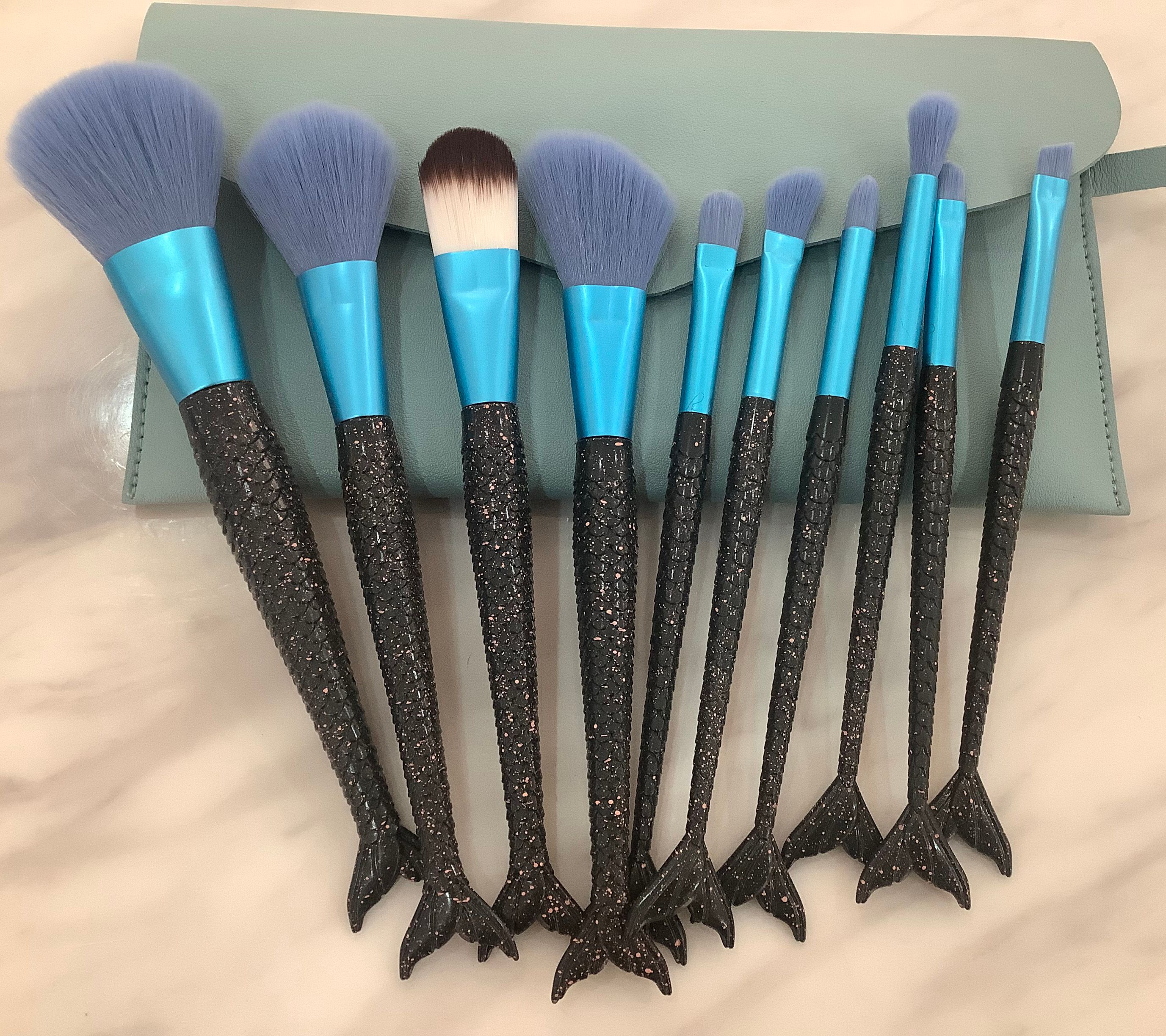 Best-selling Romance 10-piece nylon fishtail handle dark green sleeve brush envelope bag suitable for beginners Specification image