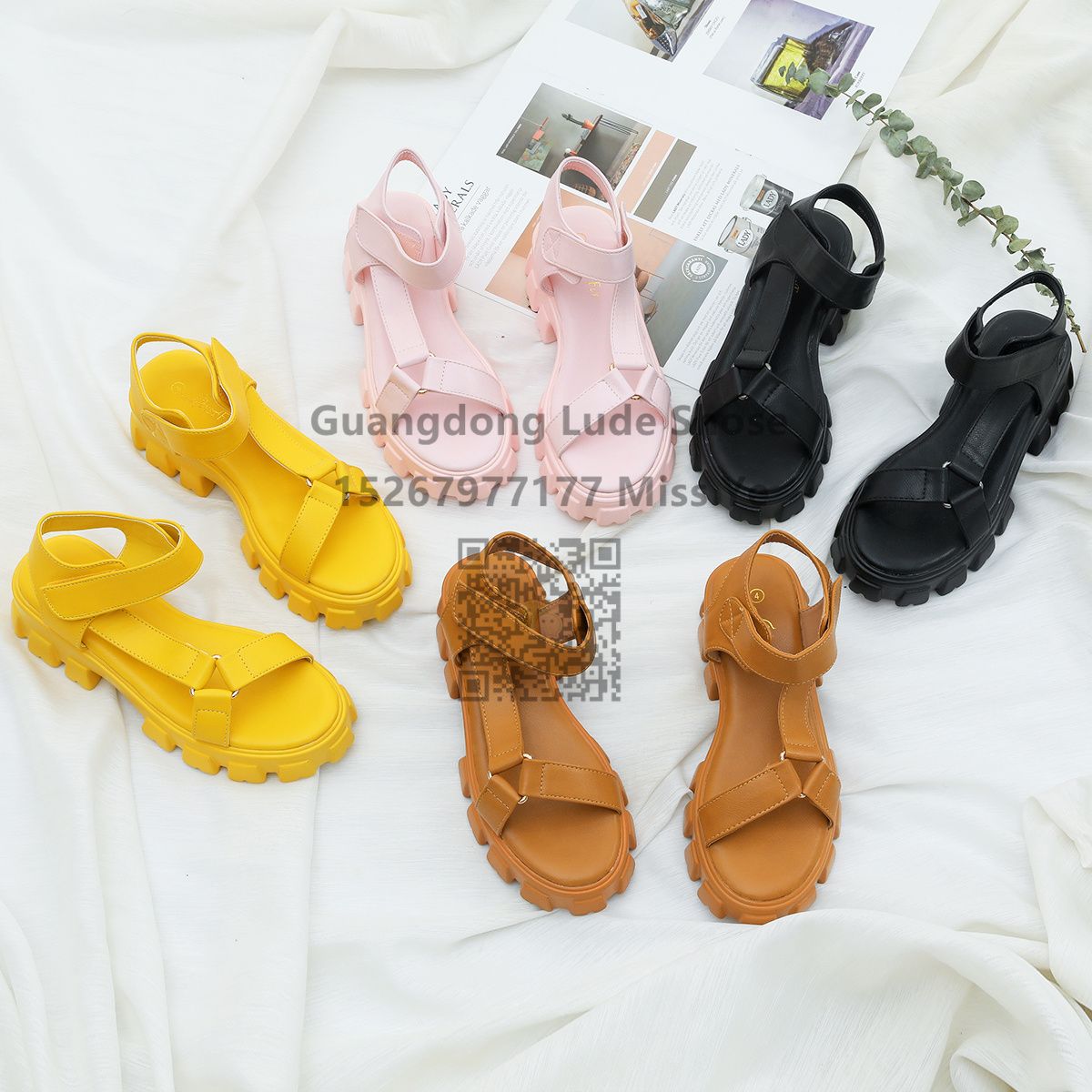 2022夏新款女士凉鞋简约百搭广州女鞋工艺鞋厚底平底魔术贴凉鞋女