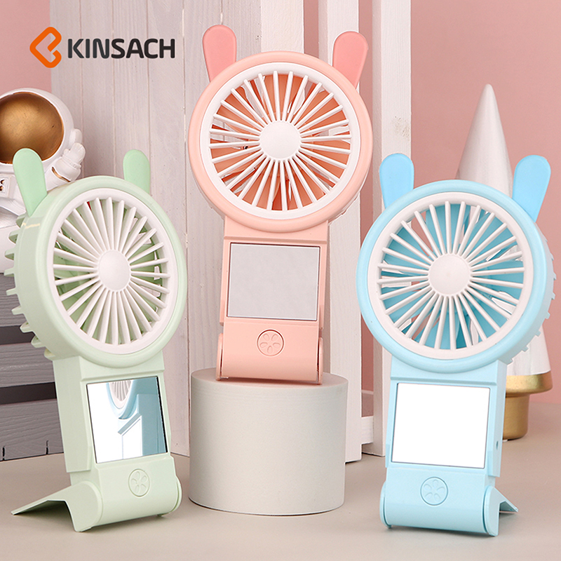 2022 New model with mirror, handheld cute rabbit fan, charging outdoor mini usb fan, pocket small fan, student gift