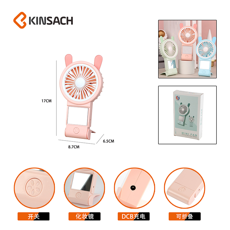 2022 New model with mirror, handheld cute rabbit fan, charging outdoor mini usb fan, pocket small fan, student gift details Picture