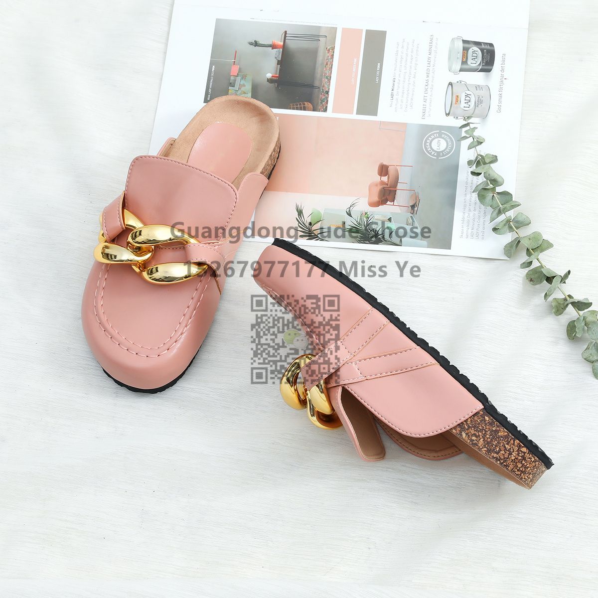 Summer New Metal Chain Thick Bottom Baotou Half Slippers Female Wear Guangzhou Women's Shoes Craft Shoes Muller Shoes Female